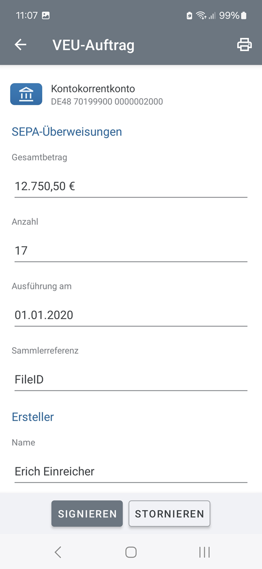 BankingVEU VEU-Auftrag Signieren/Stornieren
